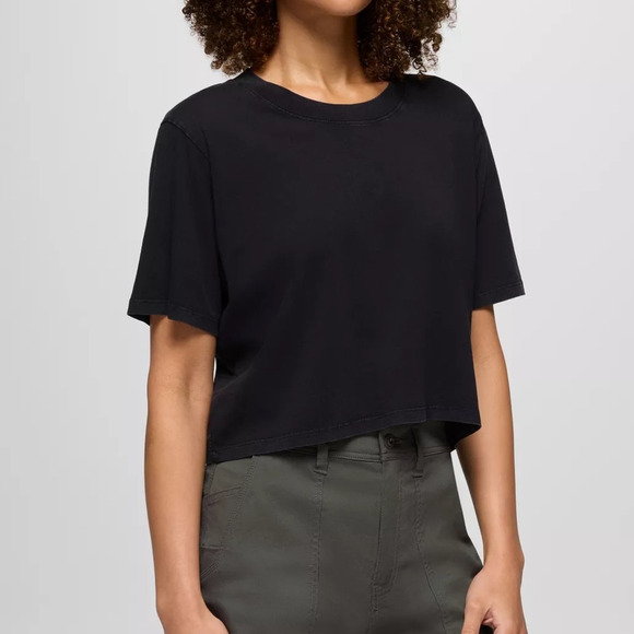 Prana Everyday Crop Tee Women's Large Black Relaxed Fit Faded Vintage Wash Soft - Picture 1 of 9